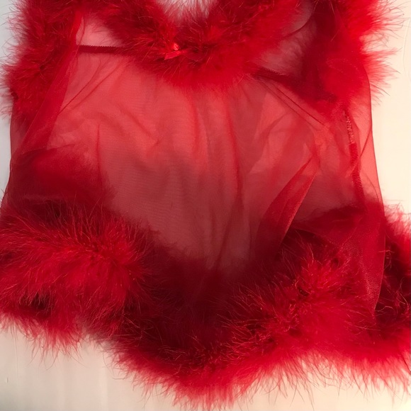 Romantic Sheer Babydoll Feather Fuzzy Fur Trim Chemise Camisole Lingerie Top - Picture 4 of 6
